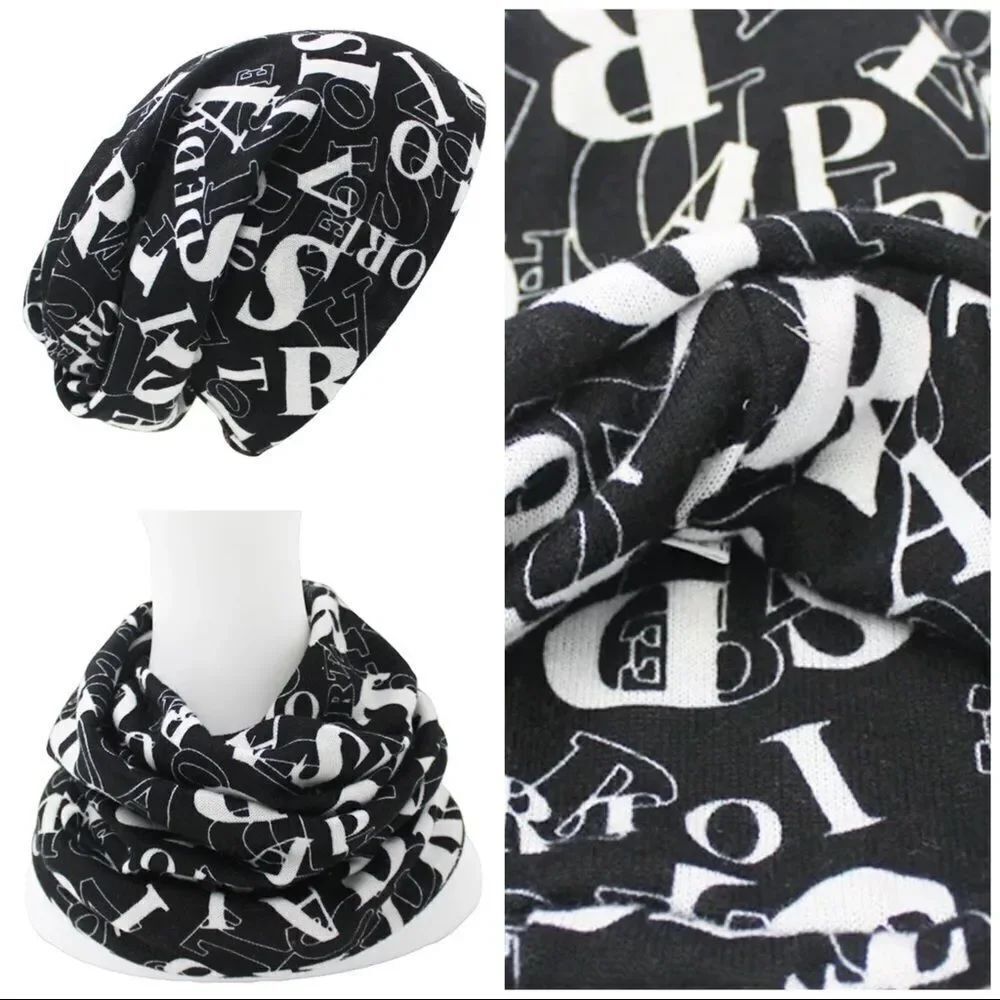 Black White Print Knit Jersey Beanie Cap   4-in-1